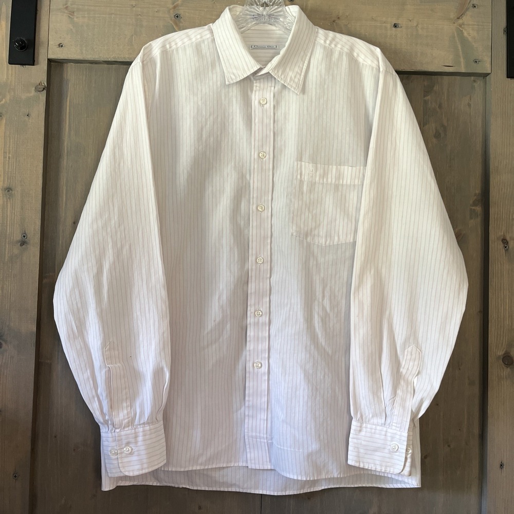 Vintage Christian Dior Dress Shirt Men's 16 34-35 White Pink Stripe Embroidered